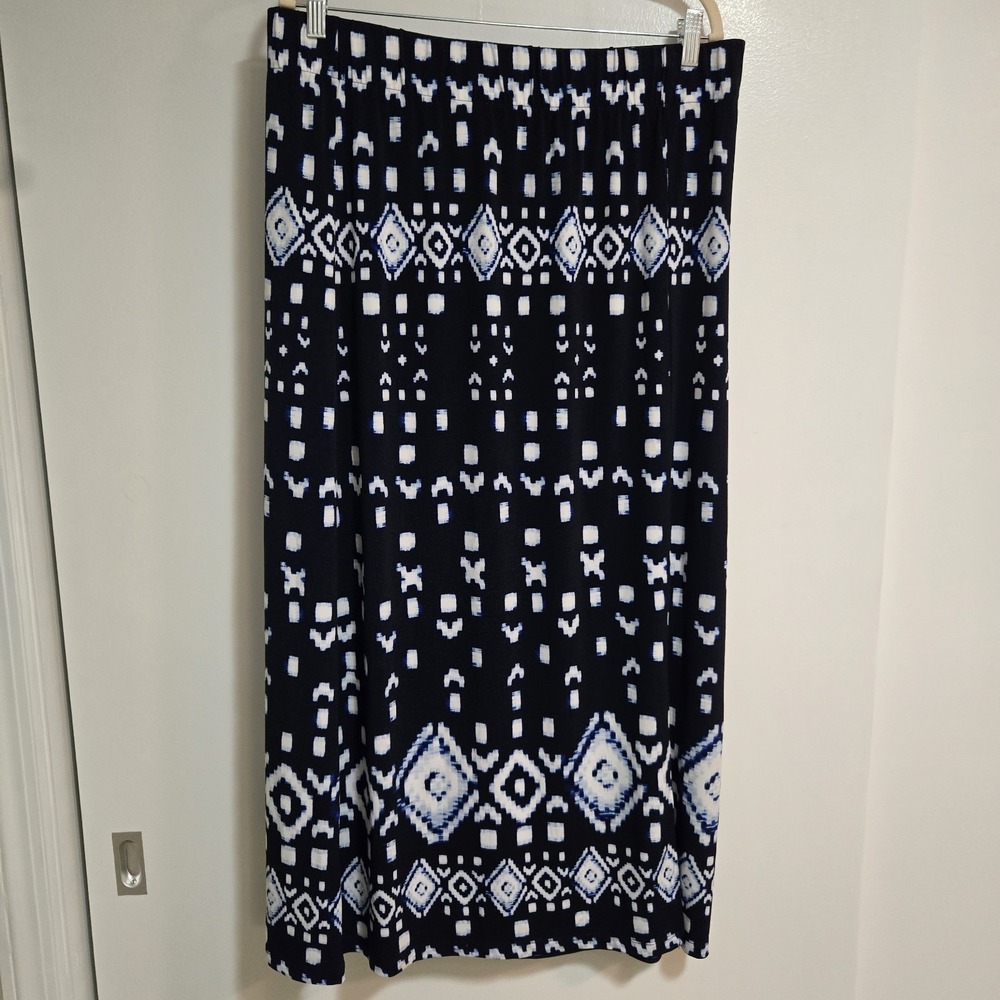 Chico's Sz 2 (L) Maxi Skirt Blue White Geometric Print Pull On Stretch Side Slit